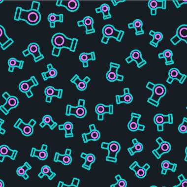 Çizgi saç kurutma ikonu siyah arkaplanda kusursuz desen izole etti. Saç kurutma makinesi tabelası. Saç kurutma sembolü. Sıcak hava üflüyor. Vektör