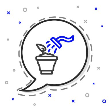 Beyaz arka planda izole edilmiş bir sprey silah ikonu olan bir ev bitkisine püskürtme hattı. Yaprakların nemlenmesi. Çiçeklerle ilgilen. Renkli taslak konsepti. Vektör