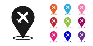 Siyah düzlem simgesi beyaz arkaplanda izole edildi. Uçan uçak ikonu. Uçak tabelası. Simgeleri renklendirin. Vektör