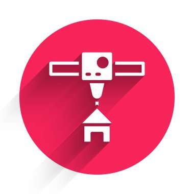 Beyaz 3D matbaa ikonu uzun gölgeli izole edilmiş. 3D baskı. Kırmızı daire düğmesi. Vektör