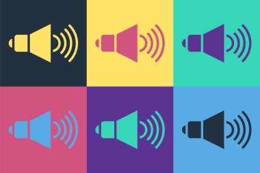 Pop Art Hoparlörünün sesi, ses sembolü, medya müzik ikonu renk arkaplanında izole. Vektör