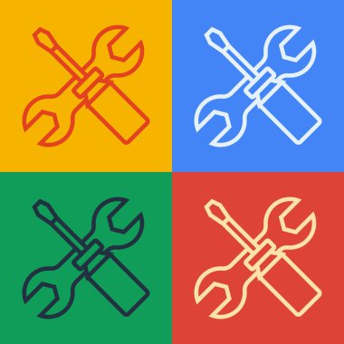 Pop sanat çizgisi tornavida ve anahtar anahtarı simgesi renk arkaplanında izole edildi. Servis aracı sembolü. Vektör