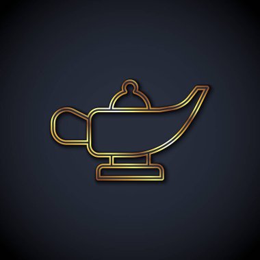 Altın çizgi sihirli lamba ya da Aladdin lamba ikonu siyah arka planda izole. Dilek için ruhani lamba. Vektör