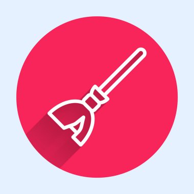 Beyaz çizgi cadıları uzun gölgeli süpürge ikonu. Mutlu Cadılar Bayramı Partisi. Kırmızı daire düğmesi. Vektör