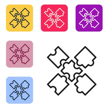 Siyah çizgi yapboz parçaları beyaz arkaplanda izole edilmiş oyuncak simgesi. Renkli kare düğmelerle simgeleri ayarla. Vektör
