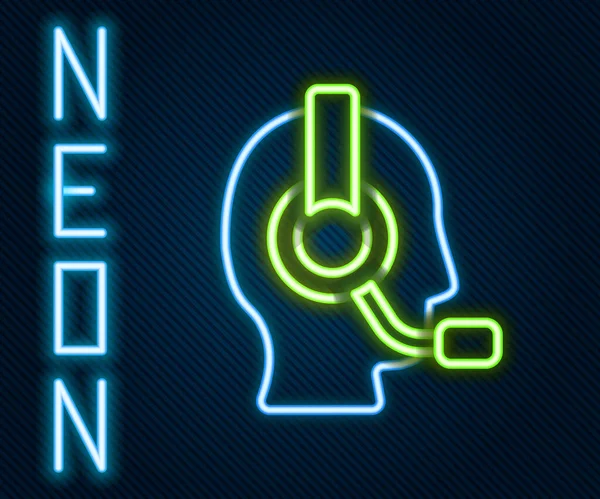 Gloeiende neon lijn Man met een headset icoon geïsoleerd op zwarte achtergrond. Ondersteuning operator in contact. Concept voor call center, klantenservice. Kleurrijk concept. Vector — Stockvector