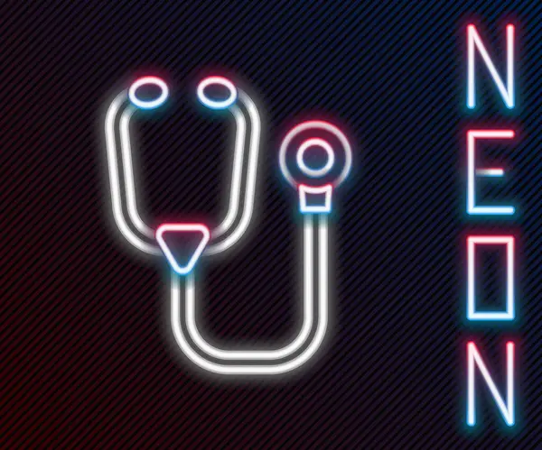 Ragyogó neon vonal sztetoszkóp orvosi eszköz ikon elszigetelt fekete alapon. Színes vázlat koncepció. Vektor — Stock Vector