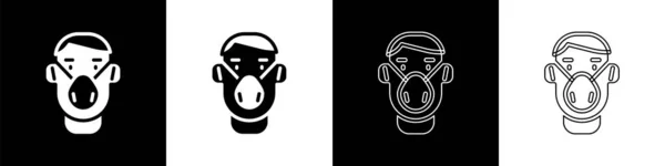 Set Man face in a medical protective mask icon isolated on black and white background. Quarantine. Vector — Stock vektor