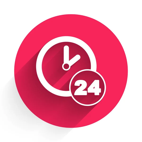 Fehér óra 24 órás ikon elszigetelt hosszú árnyék. Egész nap ciklikus ikon. 24 órás szolgálati szimbólum. Vörös kör gomb. Vektor — Stock Vector