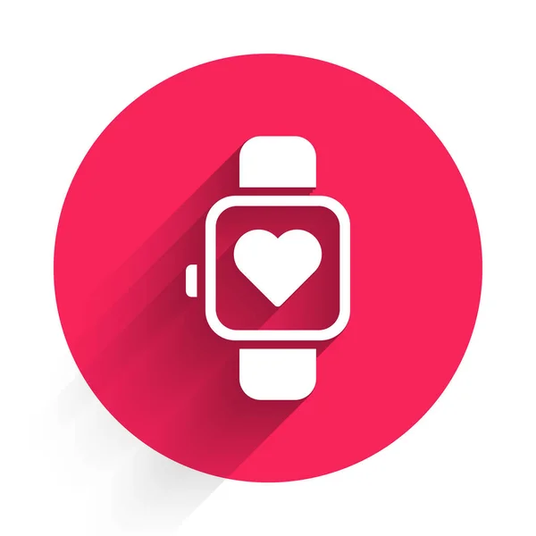Weiße Smart-Uhr mit Herzfrequenzsymbol, isoliert mit langem Schatten. Fitness App Konzept. Roter Kreis Knopf. Vektor — Stockvektor