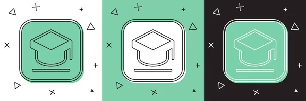 Définir l'icône de casquette de graduation isolée sur fond blanc et vert, noir. Chapeau de graduation avec icône de pompon. Vecteur — Image vectorielle