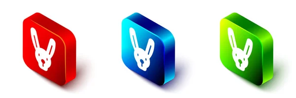 Isometric Rabbit with ears icon isolated on white background. Magic trick. Mystery entertainment concept. Red, blue and green square button. Vector — Διανυσματικό Αρχείο