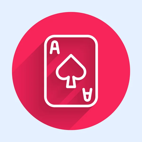 Línea blanca Icono de cartas aislado con sombra larga. Juego de casino. Botón círculo rojo. Vector — Vector de stock