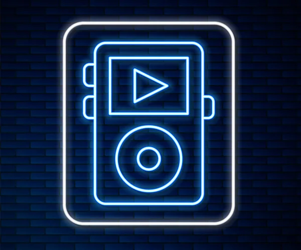 글로잉 네온 라인 뮤직 플레이어 아이콘은 벽돌 벽 배경에서 분리되었다. 휴대용 음악 기기. Vector — 스톡 벡터