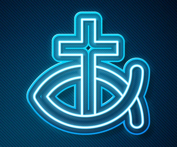 Glowing neon line Christian fish symbol icon isolated on blue background. Jesus fish symbol. Vector — Stock Vector