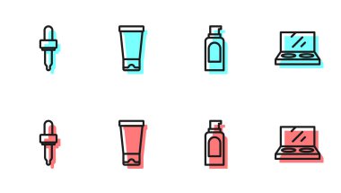 Saç spreyi, Pipette, krem losyon kozmetik tüpü ve ayna ikonlu makyaj tozu. Vektör