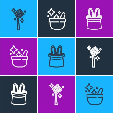 Sihirli değnek, sihirbaz şapkası, tavşan kulağı ve cadı kazanı ikonu. Vektör