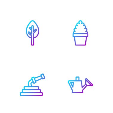 Sulama kabı, bahçe hortumu, orman ve kaktüs peyote tenceresi. Renk simgeleri. Vektör