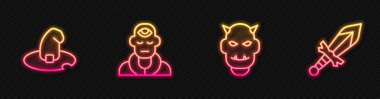 Boynuzlu şeytanın maskesi, cadı şapkası, büyücü büyücüsü ve ortaçağ kılıcı. Parlayan neon ikonu. Vektör