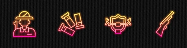 Hertengewei op schild, jager, patrijzen en jachtgeweer. Een gloeiend neon icoon. Vector — Stockvector