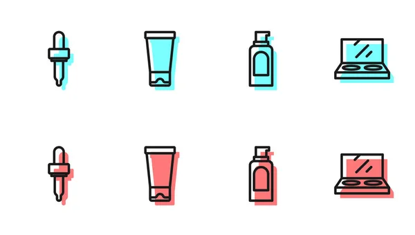 Set lijn Spuitbus voor haarlak, Pipet, Cream lotion cosmetische buis en make-up poeder met spiegel pictogram. Vector — Stockvector