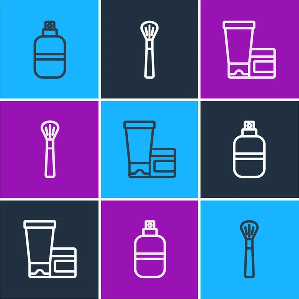 Set line Perfume, Cream or lotion cosmetic tube and Makeup brush icon. Vector — ストックベクタ