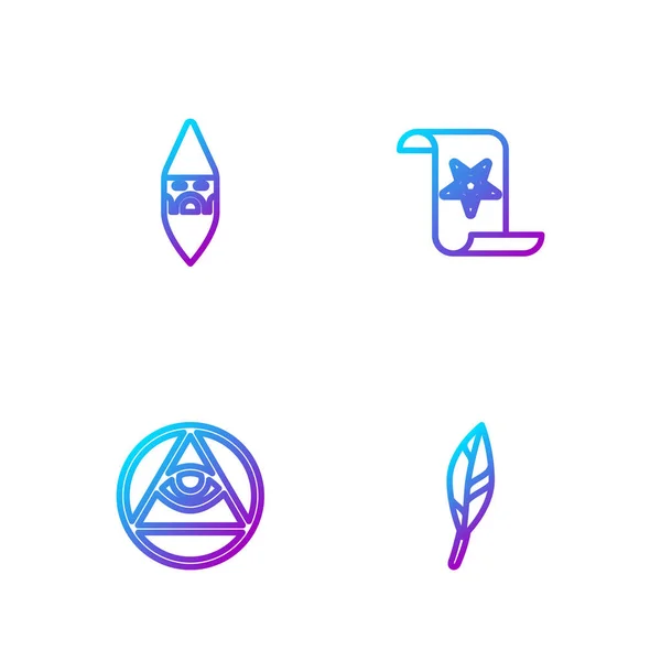 Set line Pluma mágica, albañiles, brujo mago y libro de magia antigua. Iconos de color degradado. Vector — Vector de stock