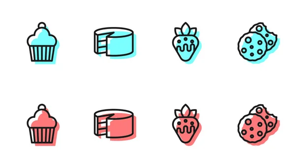 Set line Strawberry in chocolate, Cake, and Cookie or biscuit icon. Vector — ストックベクタ