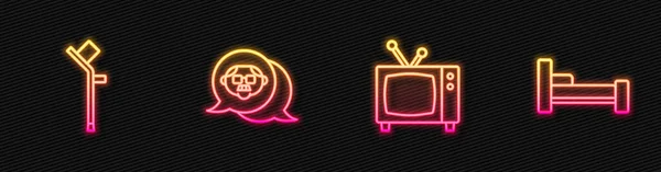 Set line Retro tv, muletas o muletas, abuelo y cama. Icono de neón brillante. Vector — Archivo Imágenes Vectoriales