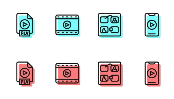 Set line Storyboard, FLV file document, Play Video and Online play video icon. Vector — ストックベクタ