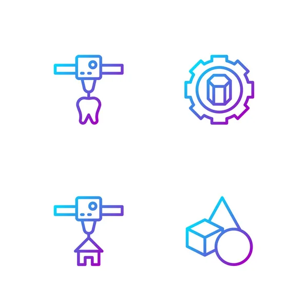 Set line Basic geometric shapes, 3D printer house, tooth and setting. Gradient color icons. Vector — ストックベクタ