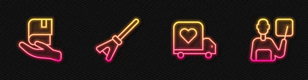 Állítsa be a szállítási teherautó szívvel, könyv adományozás, felmosó és tanár. Ragyogó neon ikon. Vektor — Stock Vector