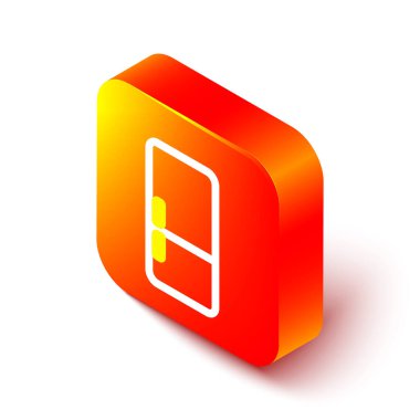 Isometric Line Buzdolabı simgesi beyaz arkaplanda izole edildi. Buzdolabı buzdolabı. Ev aletleri ve aletler. Turuncu kare düğme. Vektör