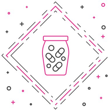 Hat ilacı şişesi ve beyaz arka planda izole edilmiş hap ikonu. Şişe hapı işareti. Eczane tasarımı. Renkli taslak konsepti. Vektör