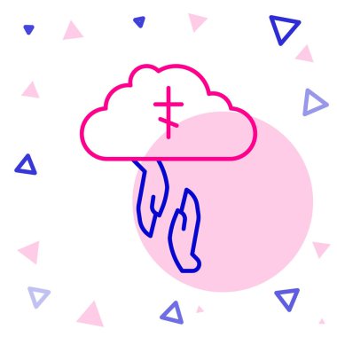 Çizgi Tanrıları beyaz arkaplanda el simgesine yardım ediyor. Din, İncil, Hıristiyanlık kavramı. İlahi yardım. Renkli taslak konsepti. Vektör