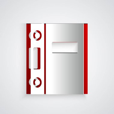 Gri arkaplanda kağıt kesimi ofis dosyaları ve belge simgesi izole edildi. Ofis dosyaları. Dosya arşivleme işareti. Kağıt sanatı tarzı. Vektör İllüstrasyonu