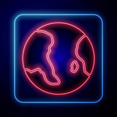 Parlayan neon ışıklı dünya ikonu mavi arka planda izole edildi. Dünya ya da Dünya işareti. Küresel internet sembolü. Geometrik şekiller. Vektör