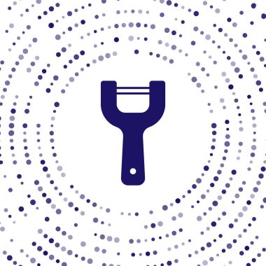 Mavi Sebze soyucu simgesi beyaz arkaplanda izole edilmiş. Sebze temizlemek için bıçak. Mutfak eşyası, alet edevat. Soyut çember rastgele noktalar. Vektör