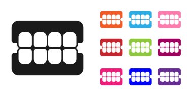 Beyaz arkaplanda siyah sahte çene simgesi izole edildi. Diş çene ya da takma dişler, kesici dişli takma dişler. Simgeleri renklendirin. Vektör