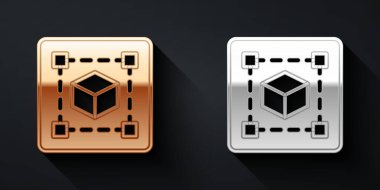 Siyah arkaplanda izole edilmiş altın ve gümüş Geometrik şekil Küp simgesi. Soyut şekil. Geometrik süs. Uzun gölge tarzı. Vektör