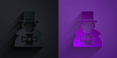 Kağıt kesiği, mor arka planda siyah üzerine izole edilmiş sihirbaz simgesi. Kağıt sanatı tarzı. Vektör