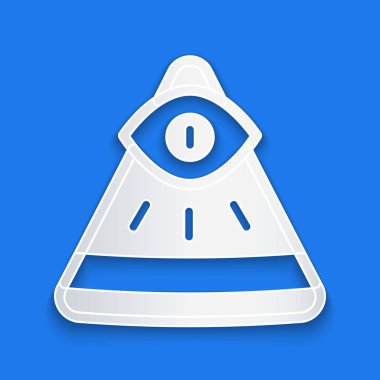 Kağıt kesiği Masonların sembolü Tanrı 'nın her şeyi gören ikonu mavi arka planda izole edilmiş. Üçgendeki Tanrı 'nın Gözü. Kağıt sanatı tarzı. Vektör