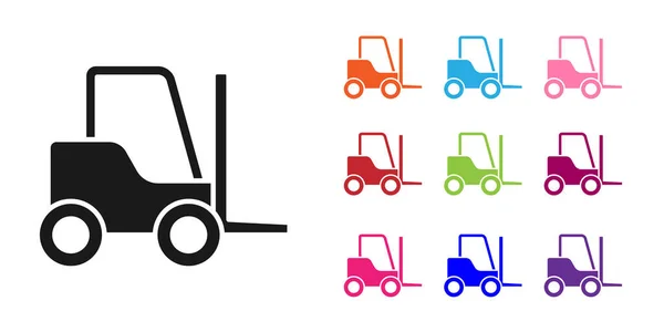 Black Forklift truck icon isolated on white background. Fork loader and cardboard box. Cargo delivery, shipping, transportation. Set icons colorful. Vector Illustration — Stock Vector
