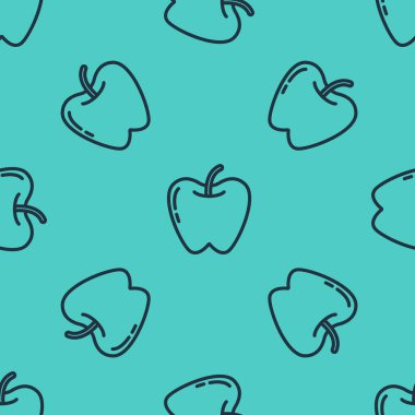Siyah çizgi Apple simgesi yeşil arkaplanda pürüzsüz desen izole etti. Yaprak sembollü meyve. Vektör