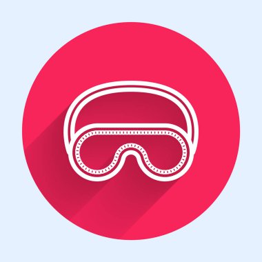 Beyaz çizgi göz maskesi ikonu uzun gölgeli izole edilmiş. Kırmızı daire düğmesi. Vektör