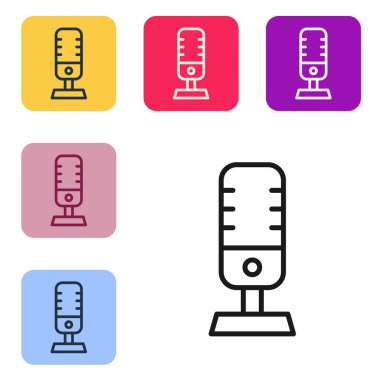 Siyah çizgi mikrofon simgesi beyaz arkaplanda izole edildi. Radyodaki mikrofondan. Sözcü işareti. Renkli kare düğmelerle simgeleri ayarla. Vektör