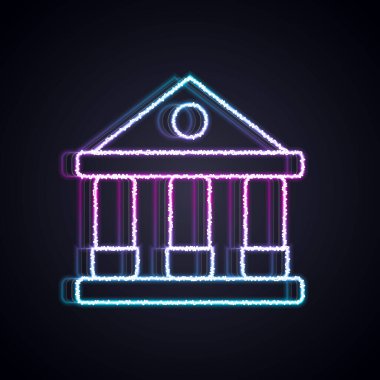 Parlayan neon hattı adliye binası simgesi siyah arka planda izole edildi. Banka veya müze inşaatı. Vektör