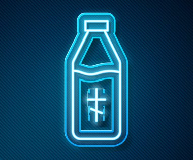 Parlayan neon hattı mavi arka planda izole edilmiş kutsal su şişesi simgesi. Sihirli sıvıyla birlikte cam şişe. Vektör