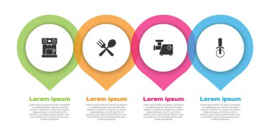 Kahve makinesi, çapraz çatal ve kaşık, mutfak kıyma makinesi ve pizza bıçağı. Ticari bilgi şablonu. Vektör