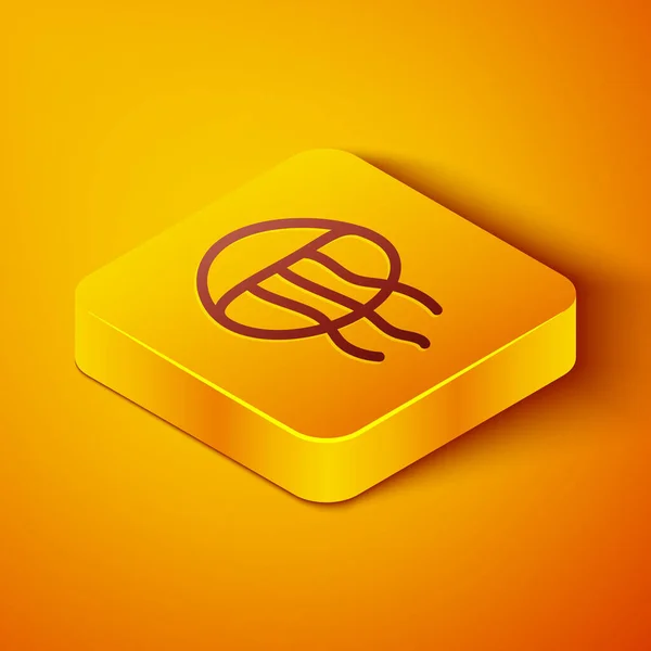 Isometric line Jellyfish icon isolated on orange background. Yellow square button. Vector — Stock Vector
